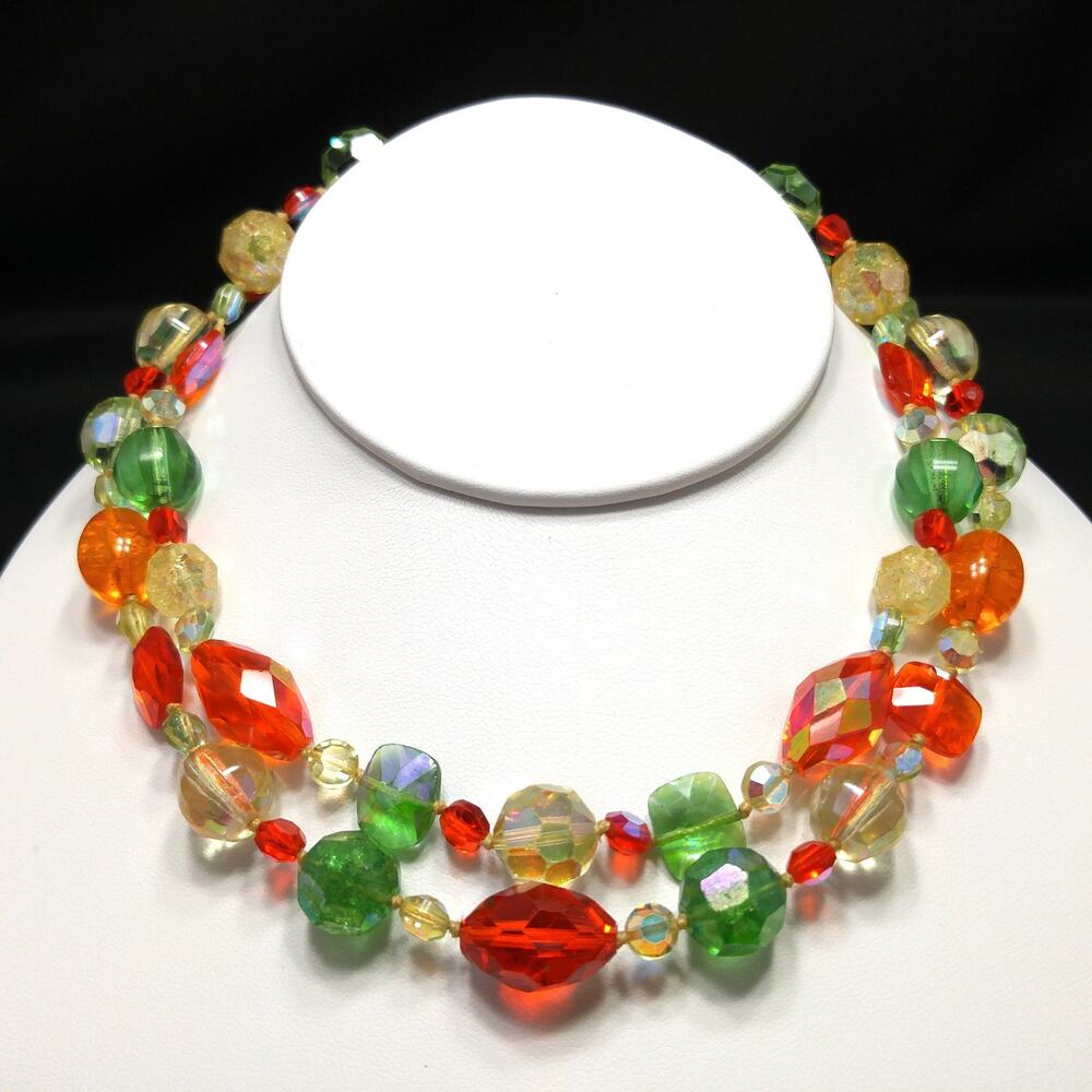 Crystal & Molded Glass Beaded Necklace, Orange Green Yellow, 1950s Vintage